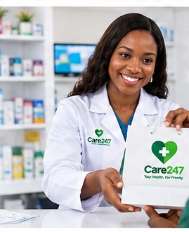 A pharmacist in a white coat holding a Care247-branded medicine package