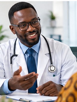 A smiling specialist doctor with a stethoscope in a clinic setting